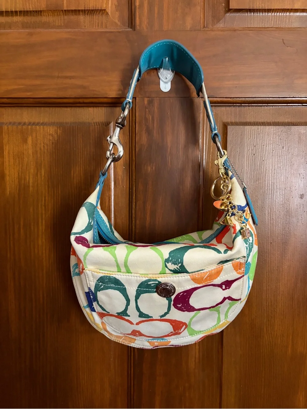 Coach Multicolor Canvas Shoulder Bag with Teal Trim